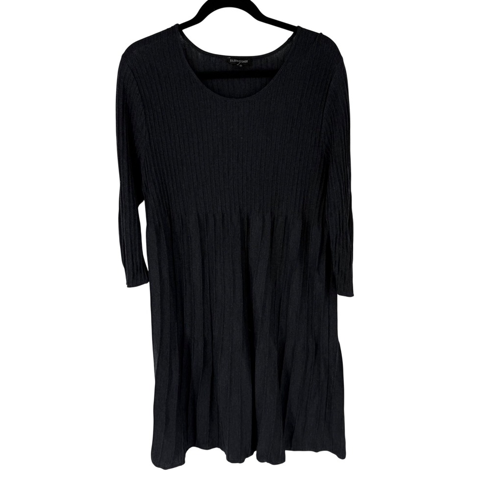 Eileen Fisher Dress Womens XL Black 100%‎ Wool Ribbed Tiered Italian Yarn